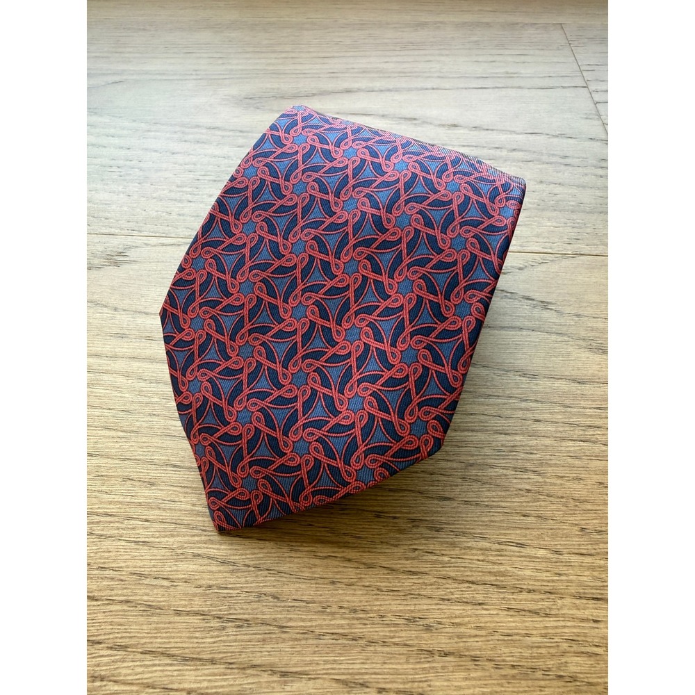 Hermes 7456 HA Silk Tie Blue Red Geometric Rope Link Pattern Made in France Mens